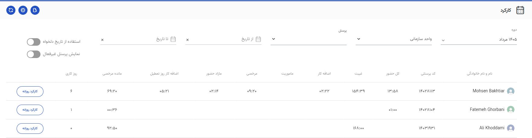اصلاح تردد ناقص یا فراموششده پرسنل در اتنسی 1 ورود به بخش کارکرد و انتخاب کارکرد روزانه پرسنل