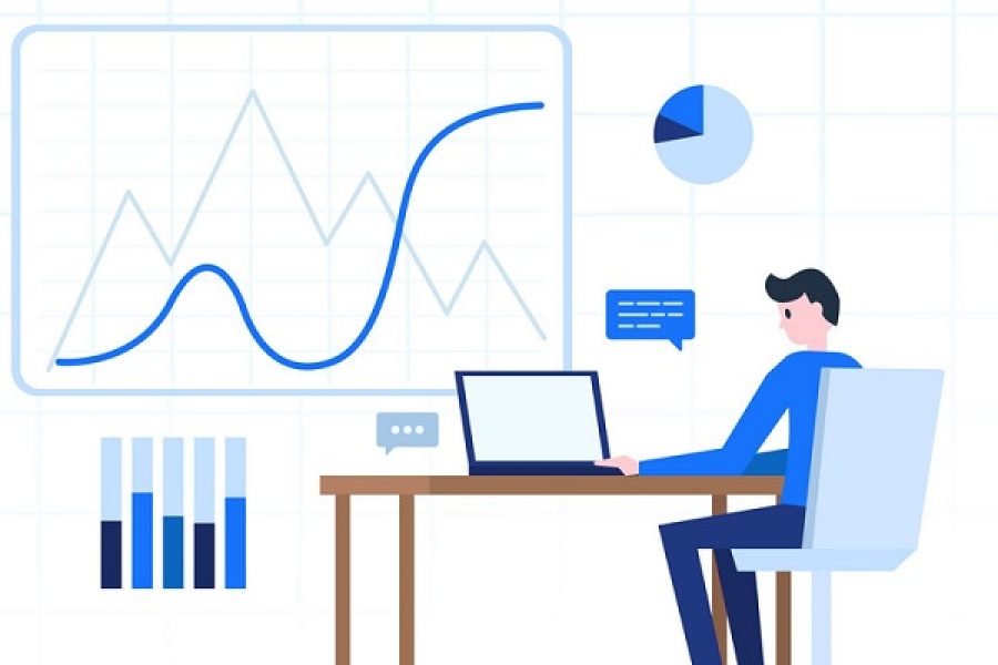 Office worker using notebook pc at workplace vector illustration. Young male creating diagram info chart with statistical data and chatting with someone